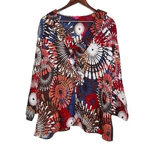 Sunny Leigh Woman Navy Tan Red Sunburst Print Ruffle Romantic Blouse Size 3X